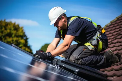 Professional Solar Panel Installer Working On Residential Roof