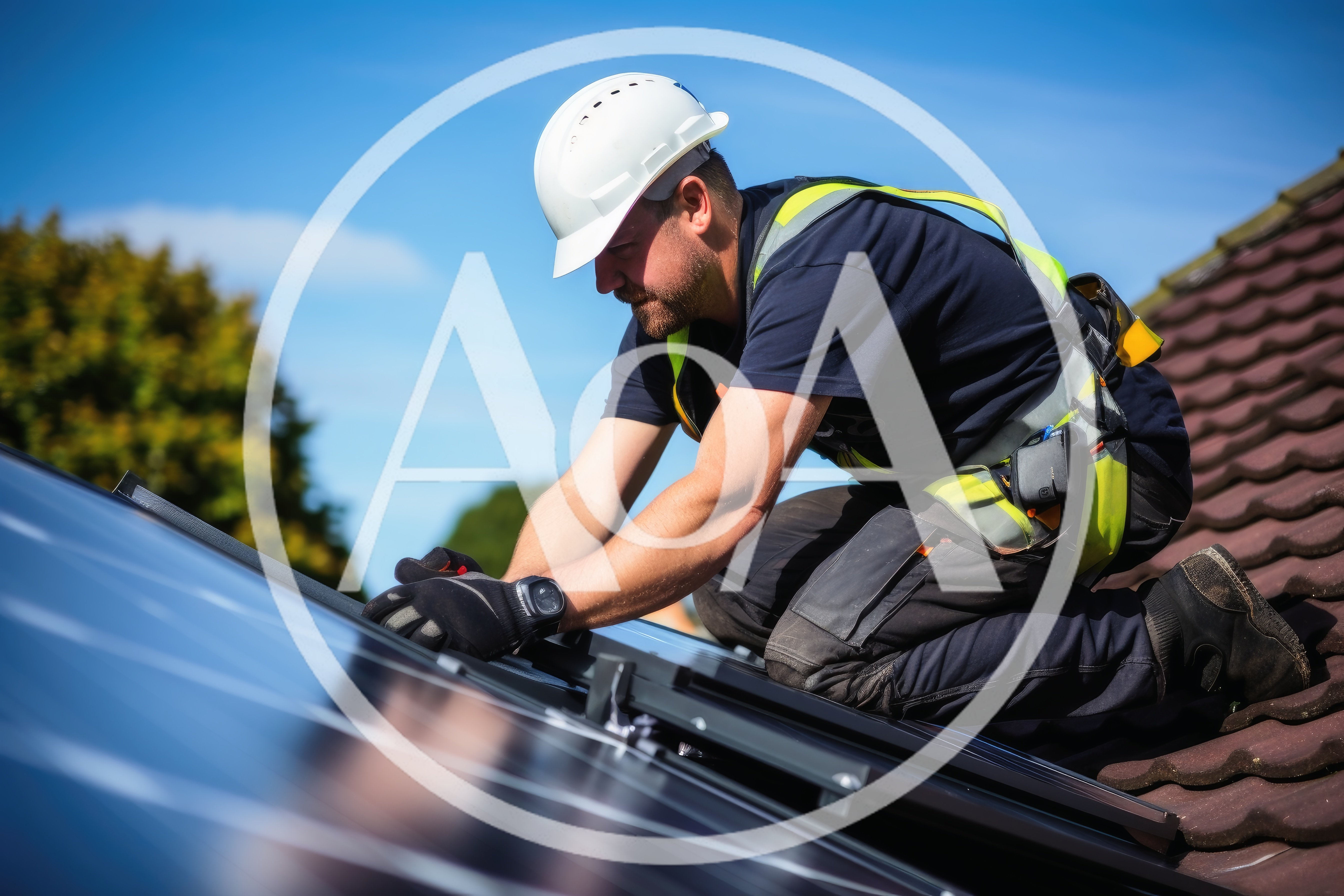 Professional Solar Panel Installer Working On Residential Roof