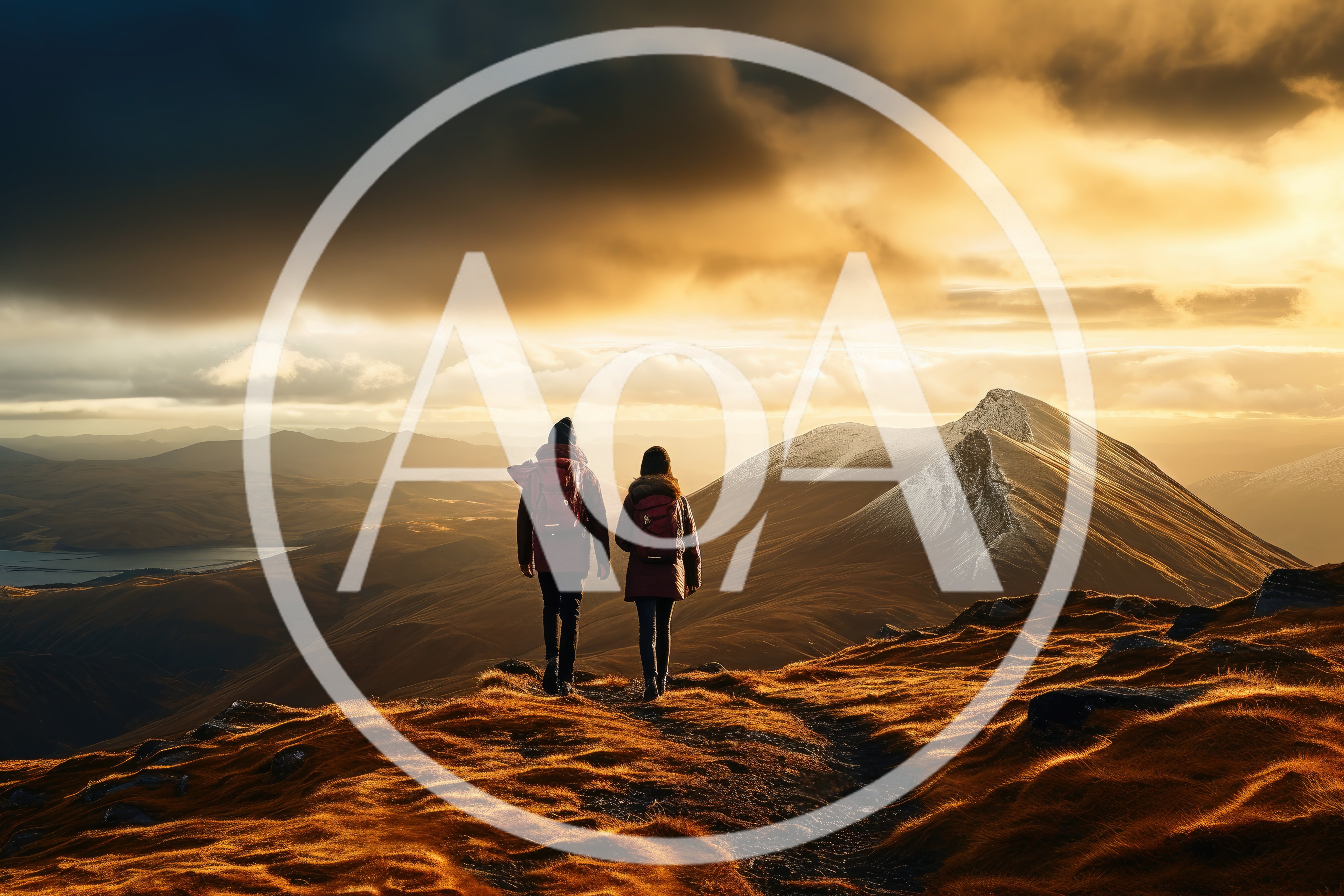 Couple Hiking On Mountain Ridge At Sunset