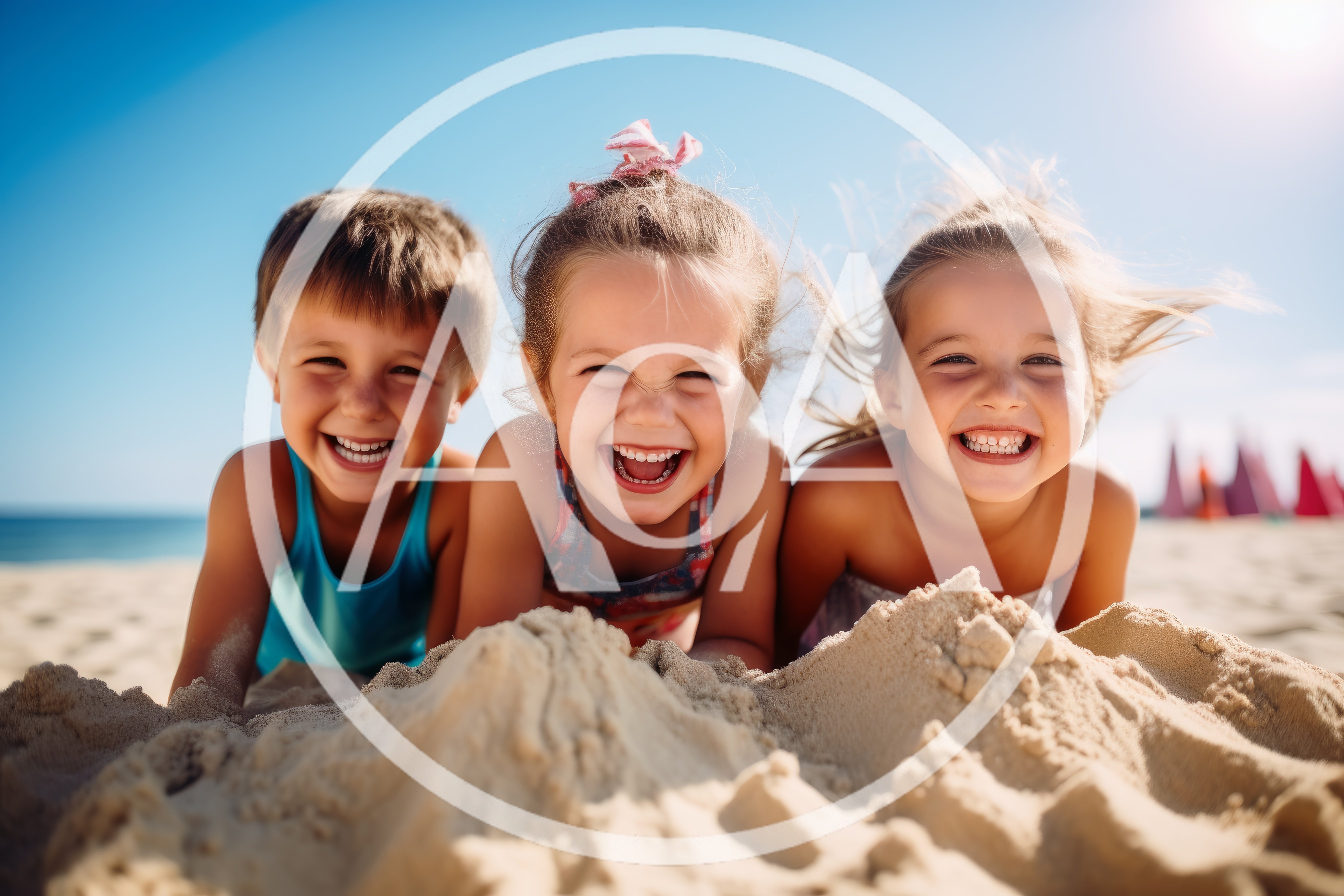 Three Happy Children Playing In The Sand At Beach