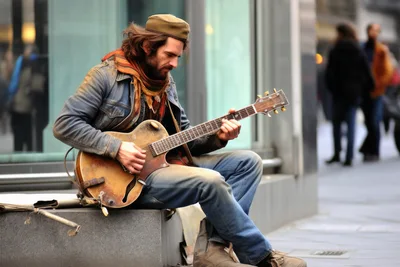 Street Musician Playing An Acoustic Guitar In The City