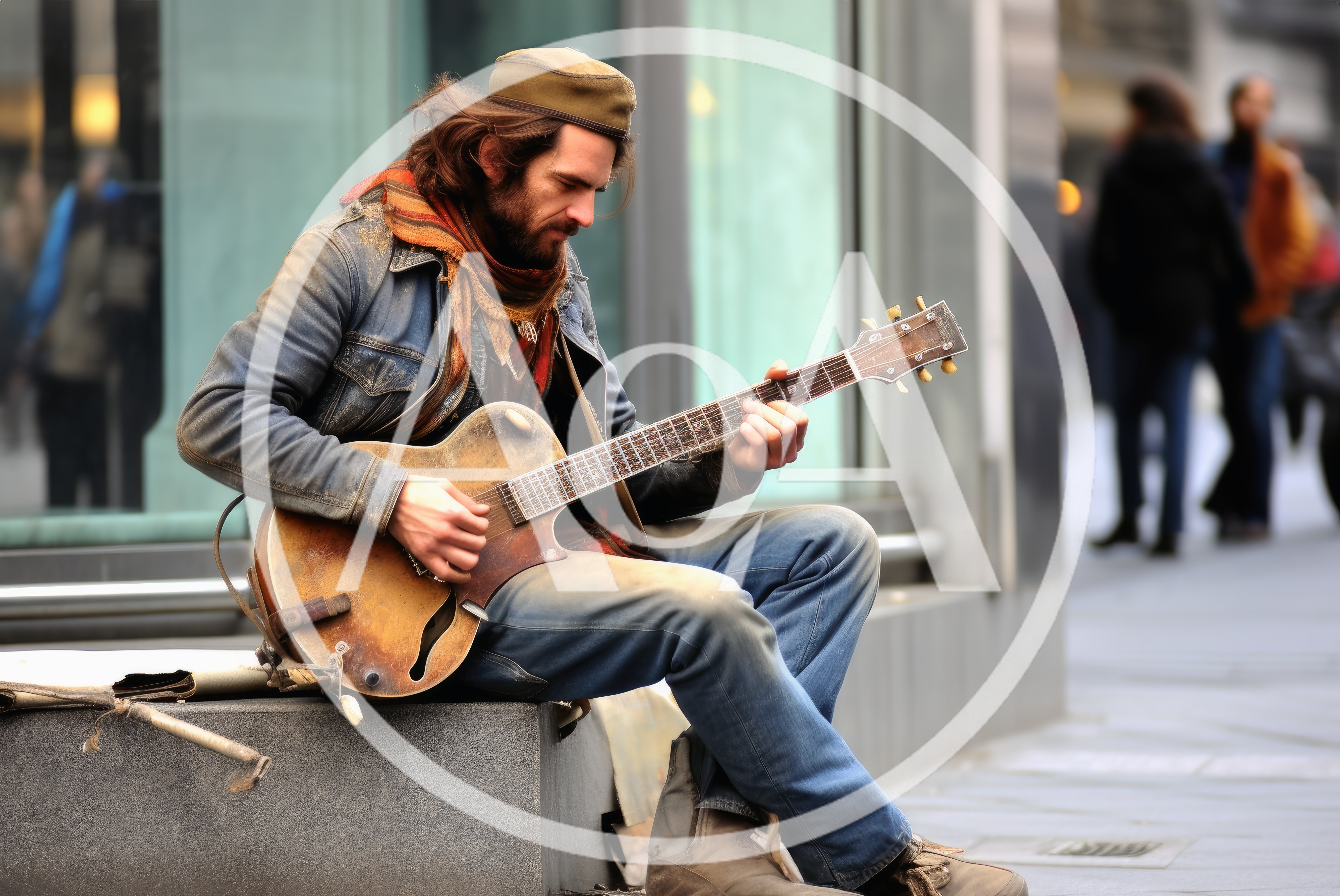 Street Musician Playing An Acoustic Guitar In The City