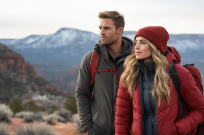 Couple Hiking In Snowy Mountain Landscape