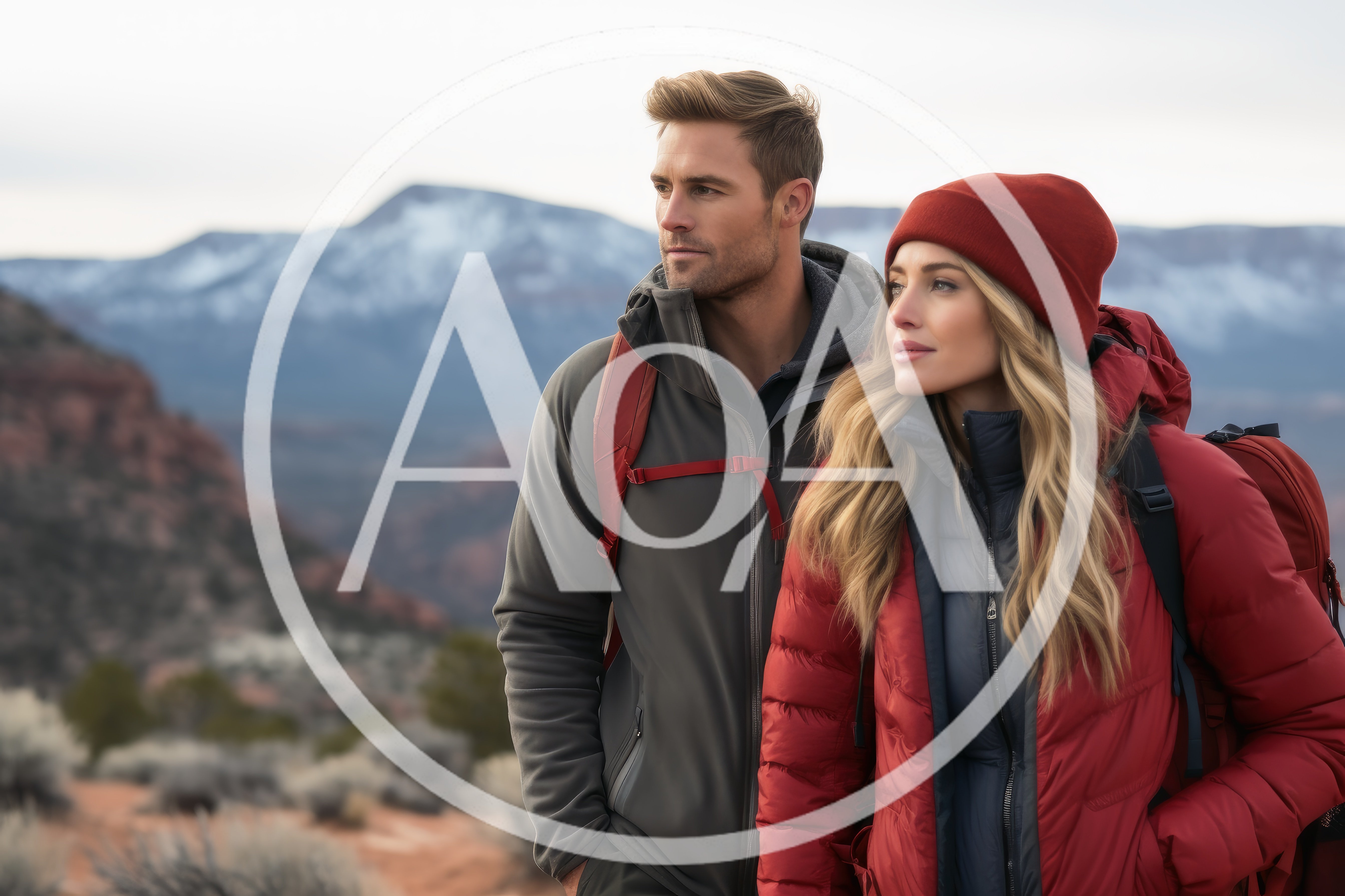 Couple Hiking In Snowy Mountain Landscape