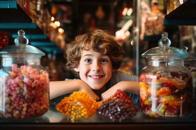 Happy Young Boy Smiling Behind Candy Shop Counter