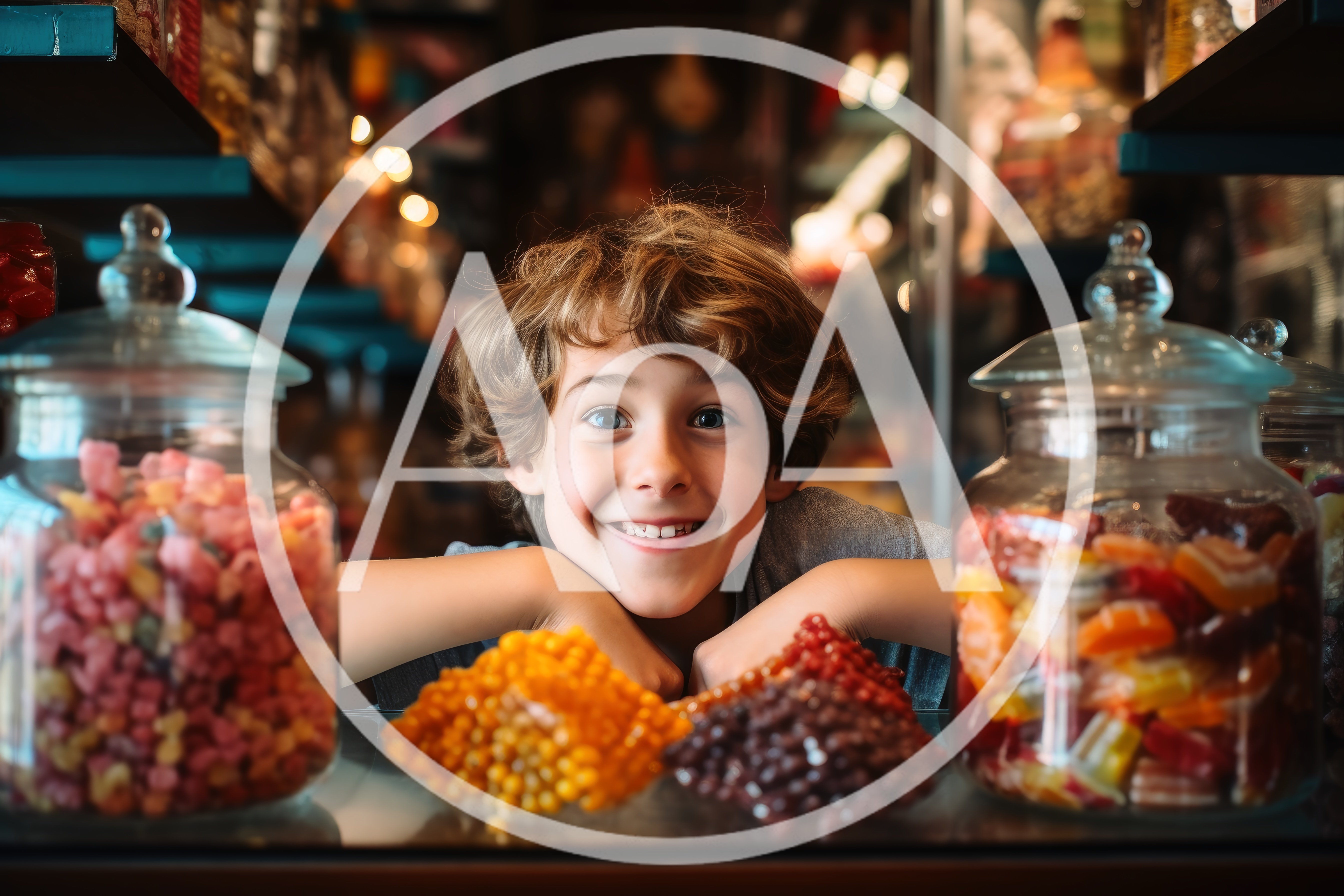 Happy Young Boy Smiling Behind Candy Shop Counter