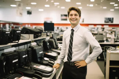 Smiling Sales Associate Standing In Electronics Store
