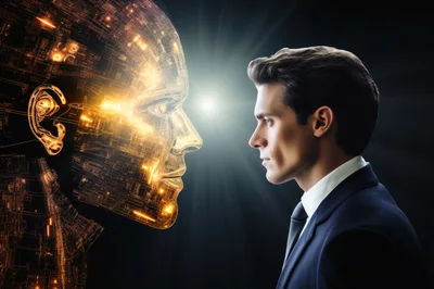 Businessman Facing A Glowing Digital Artificial Intelligence Head