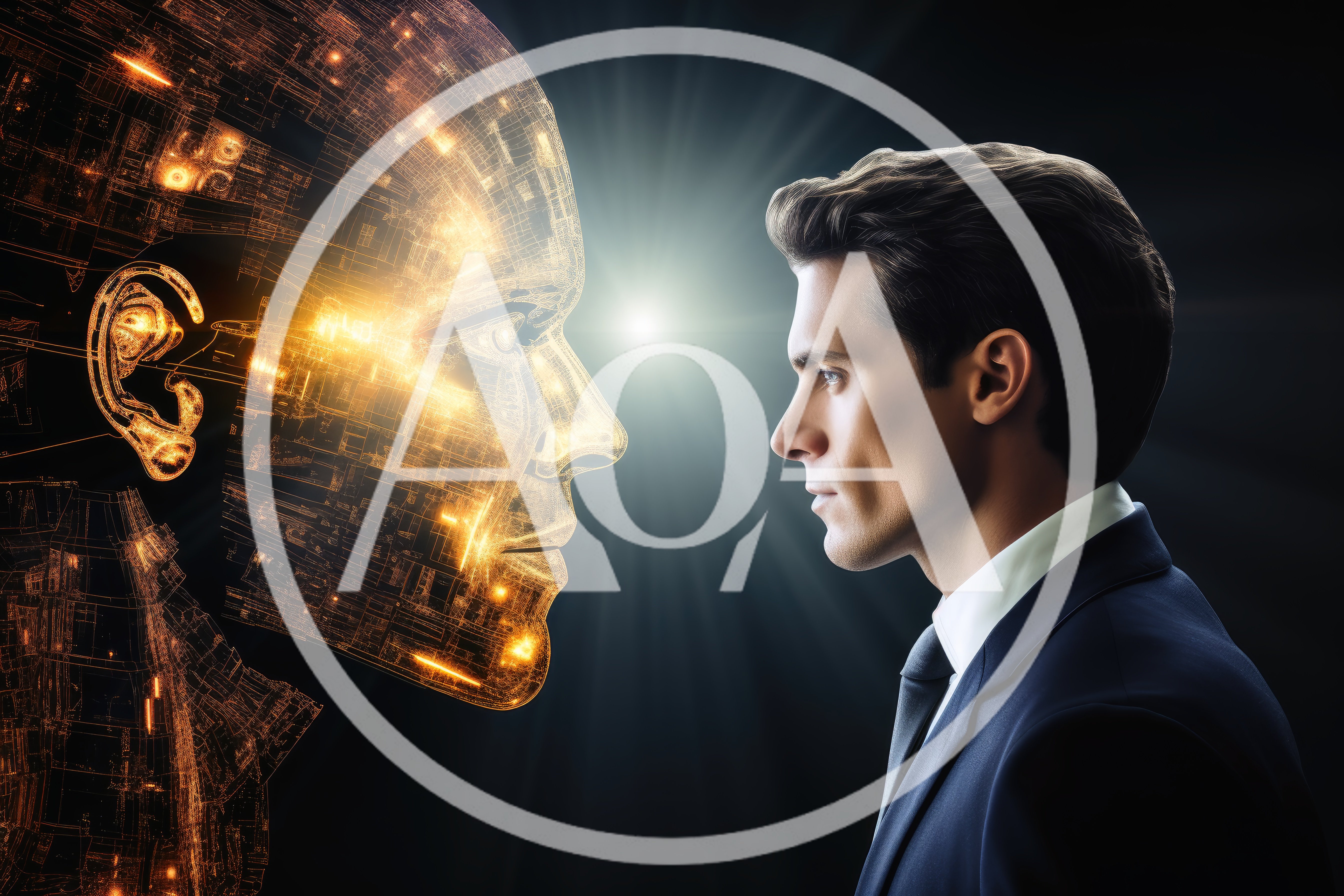 Businessman Facing A Glowing Digital Artificial Intelligence Head