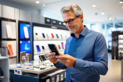Mature Man Browsing Smartphone In Electronics Store