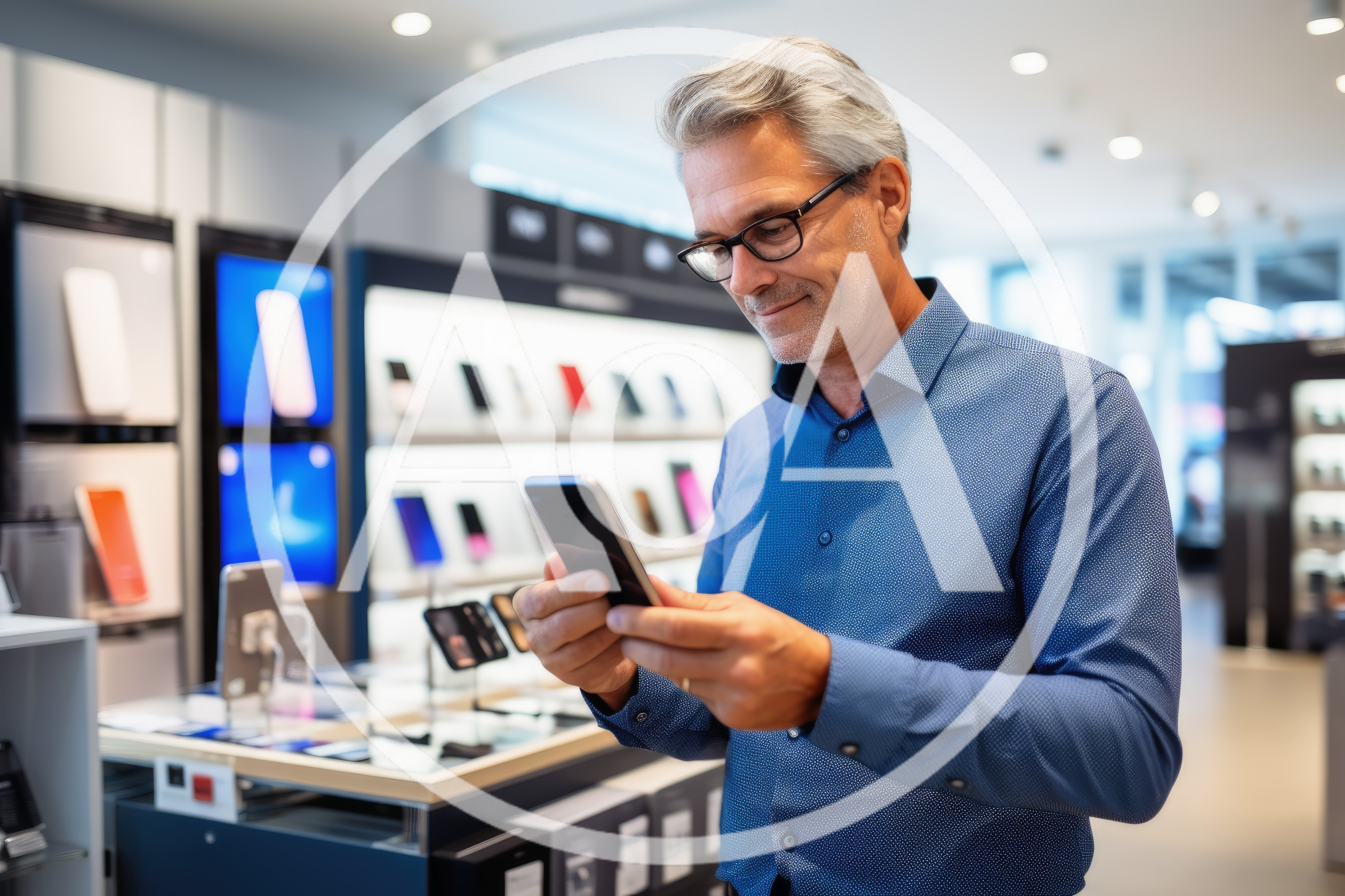 Mature Man Browsing Smartphone In Electronics Store