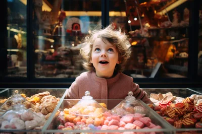 Excited Child Looking At Candy Display In Shop