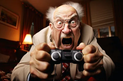 Elderly Man Playing Video Game With Intense Expression