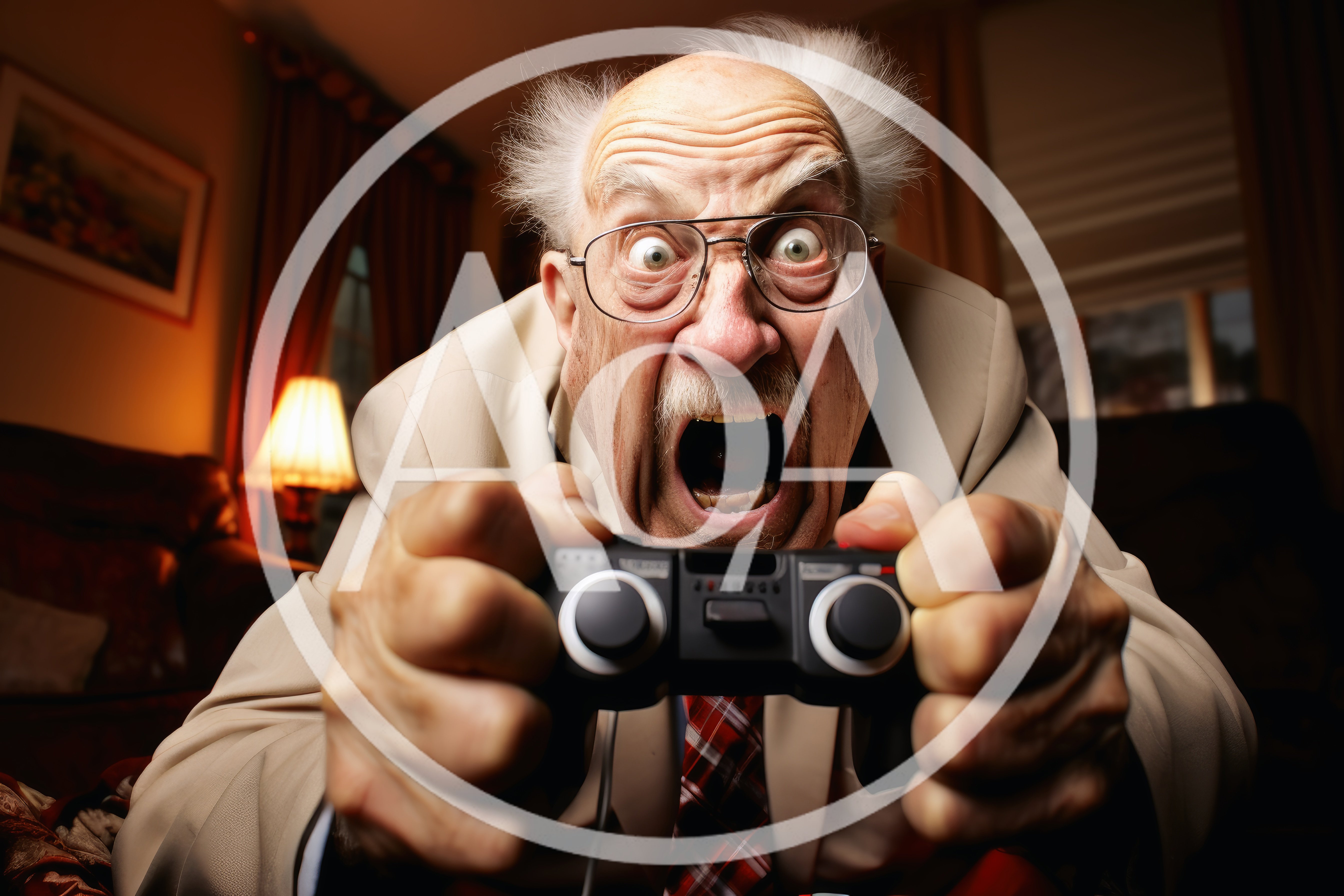 Elderly Man Playing Video Game With Intense Expression