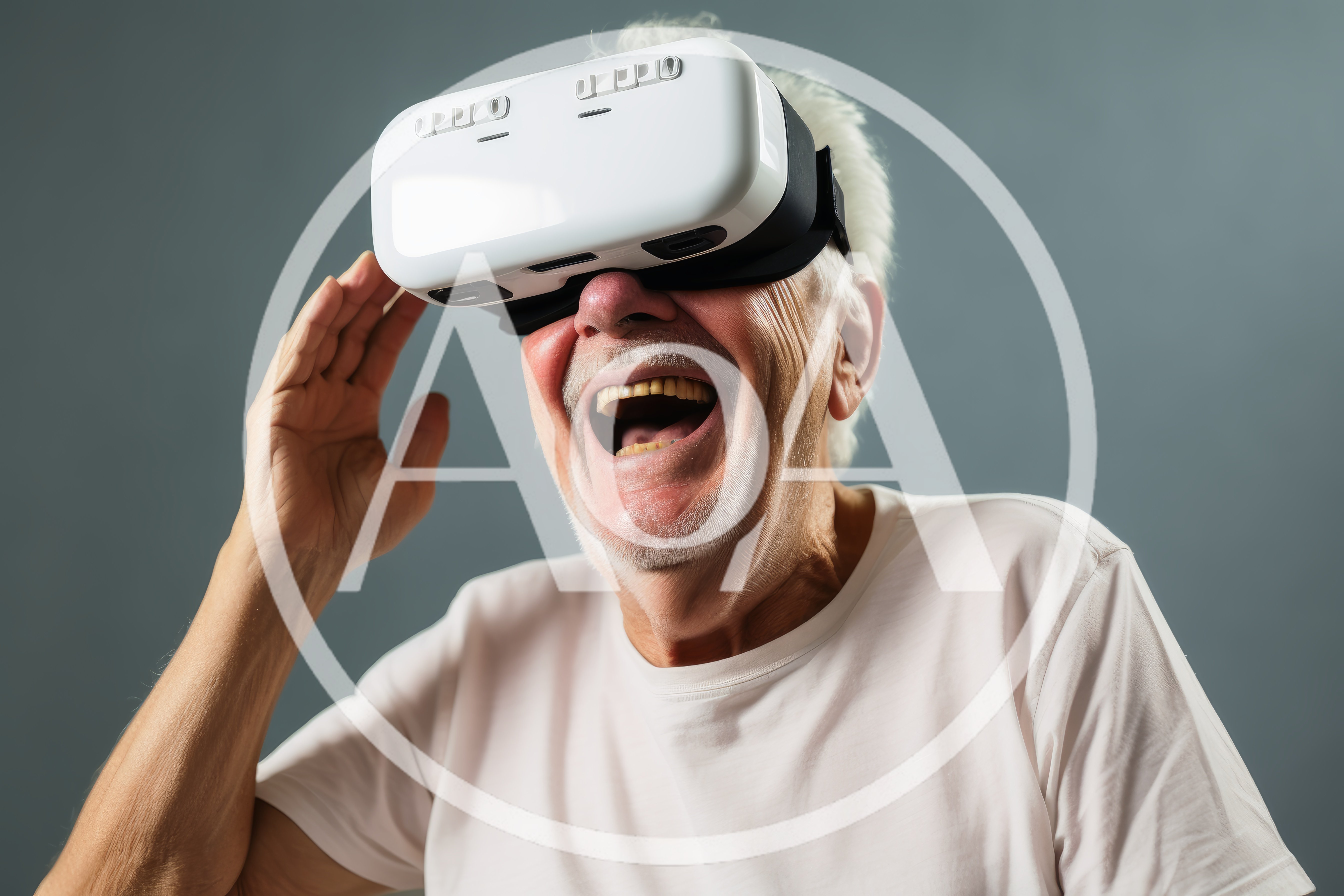 Senior Man Laughing While Wearing Virtual Reality Headset