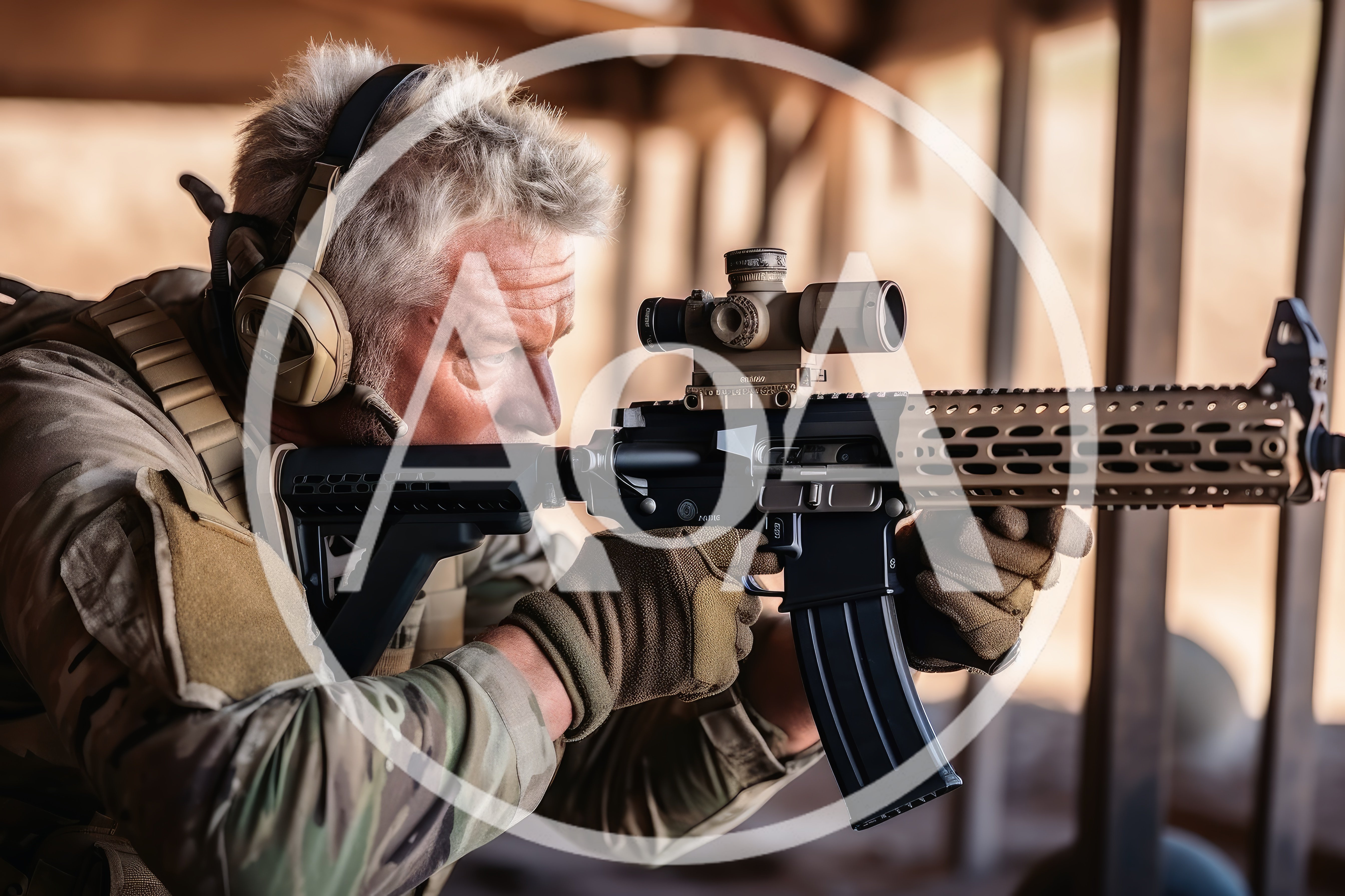 Tactical Shooter Aiming Rifle at Indoor Firing Range