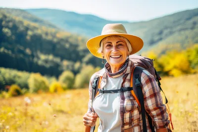 Senior Woman Hiking In The Mountains