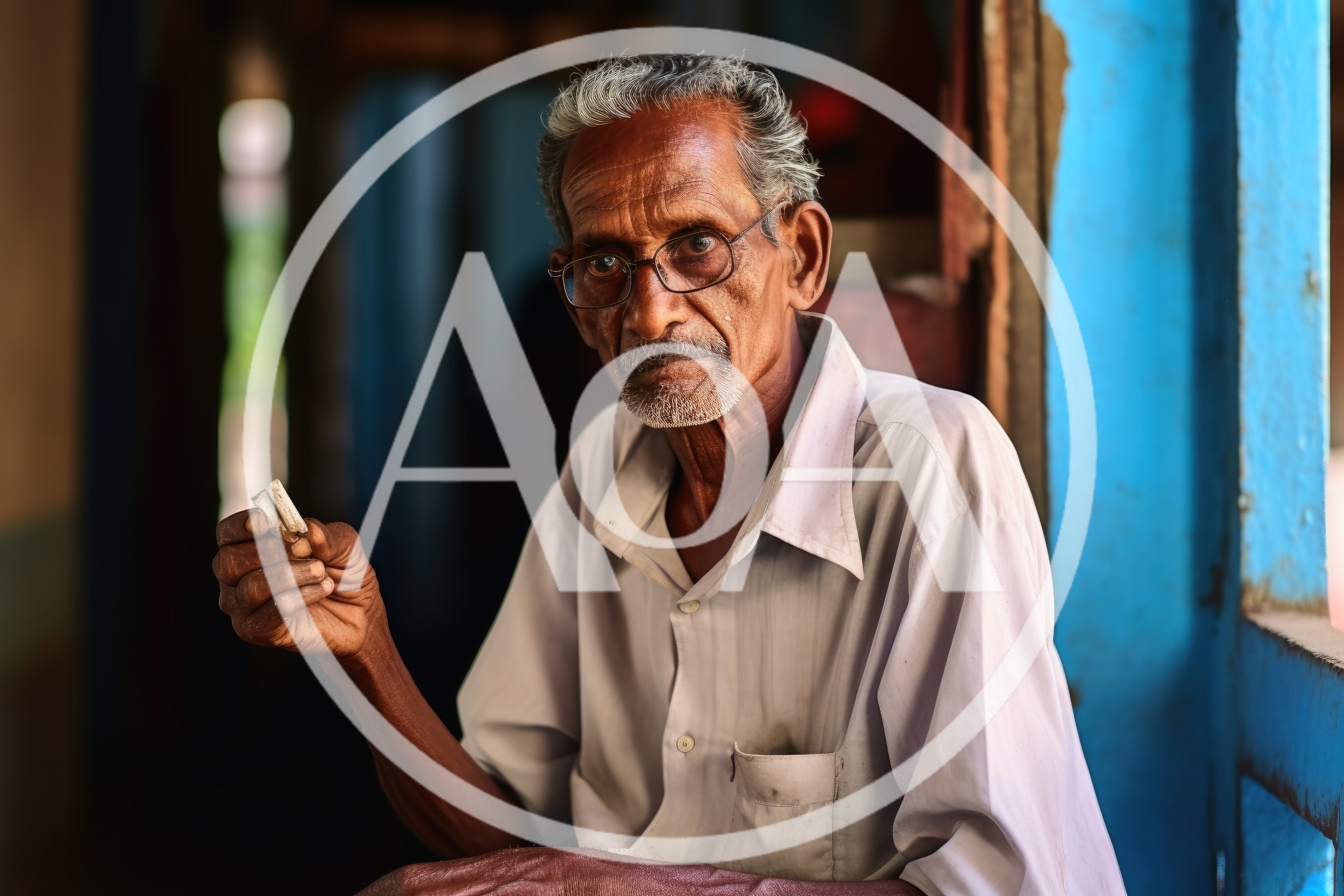 Elderly Indian Man Holding A Small Piece Of Chalk