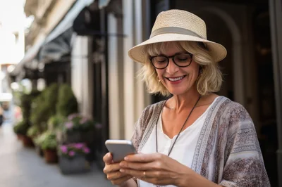 Mature Woman Using Smartphone On City Street