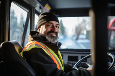 Smiling Truck Driver Sitting In Vehicle Cab