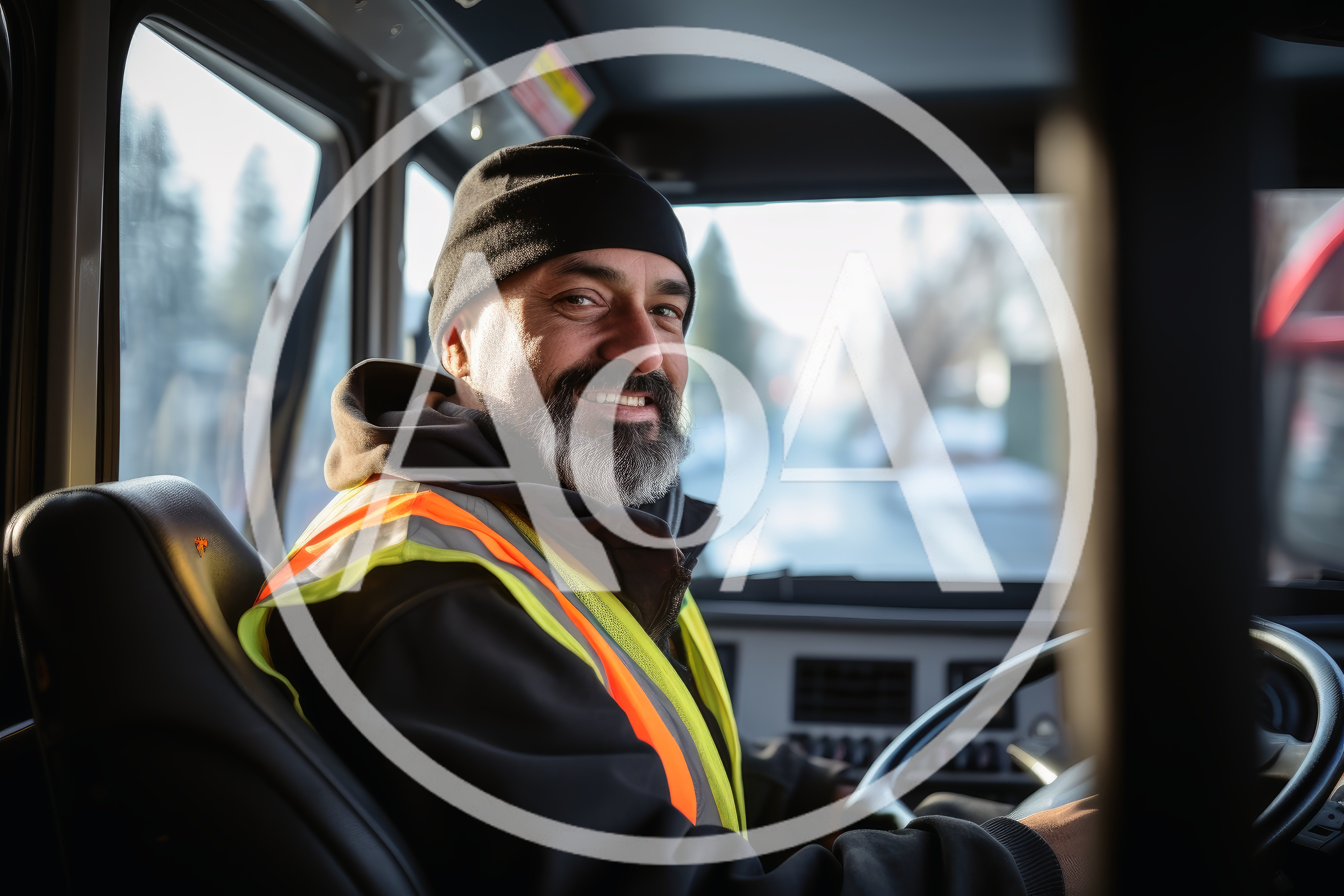 Smiling Truck Driver Sitting In Vehicle Cab