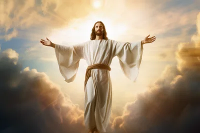 Jesus Christ Ascending With Open Arms In Golden Clouds