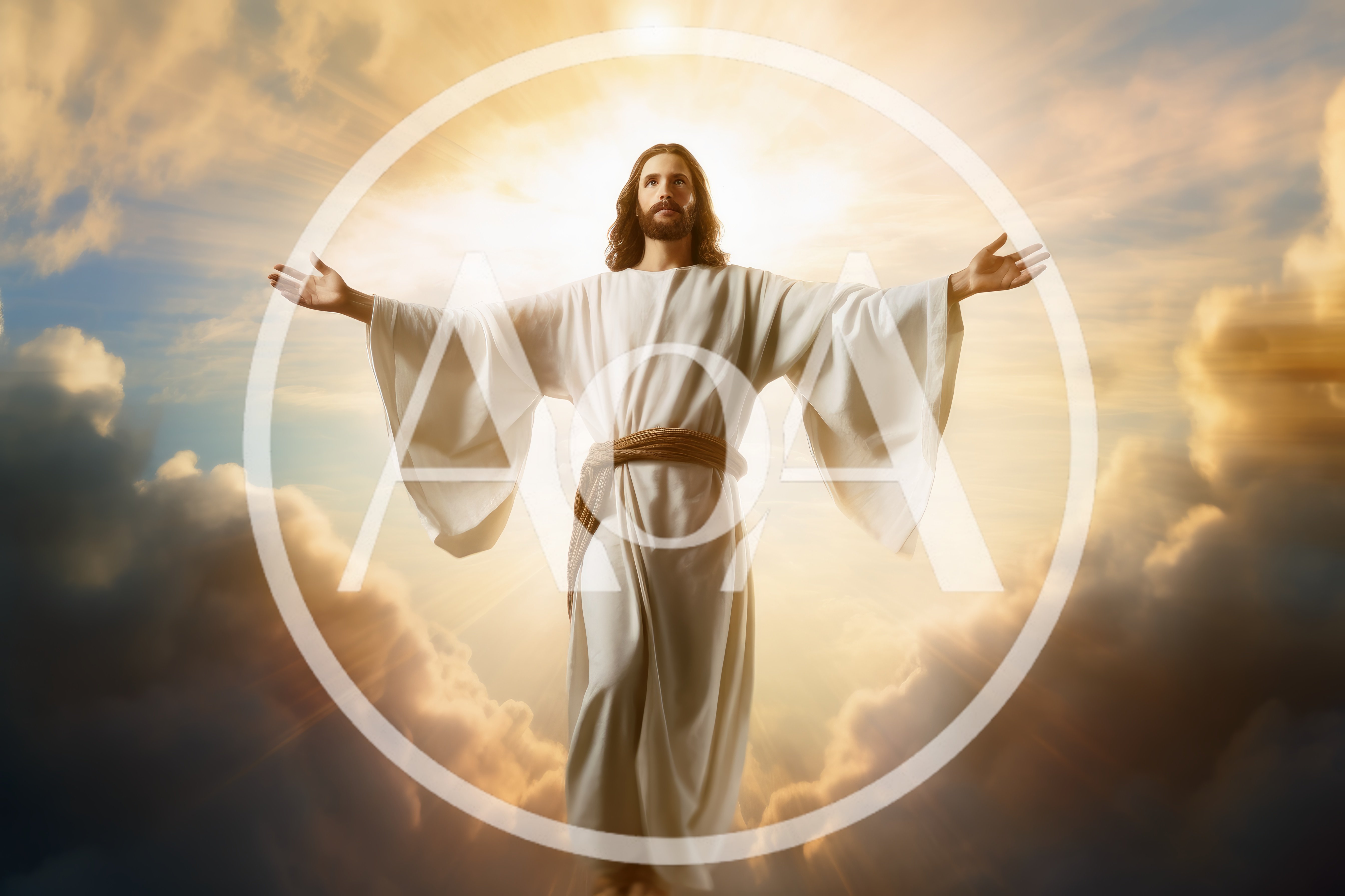 Jesus Christ Ascending With Open Arms In Golden Clouds