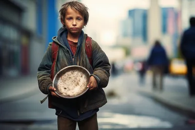 Homeless Child Holding An Empty Metal Bowl