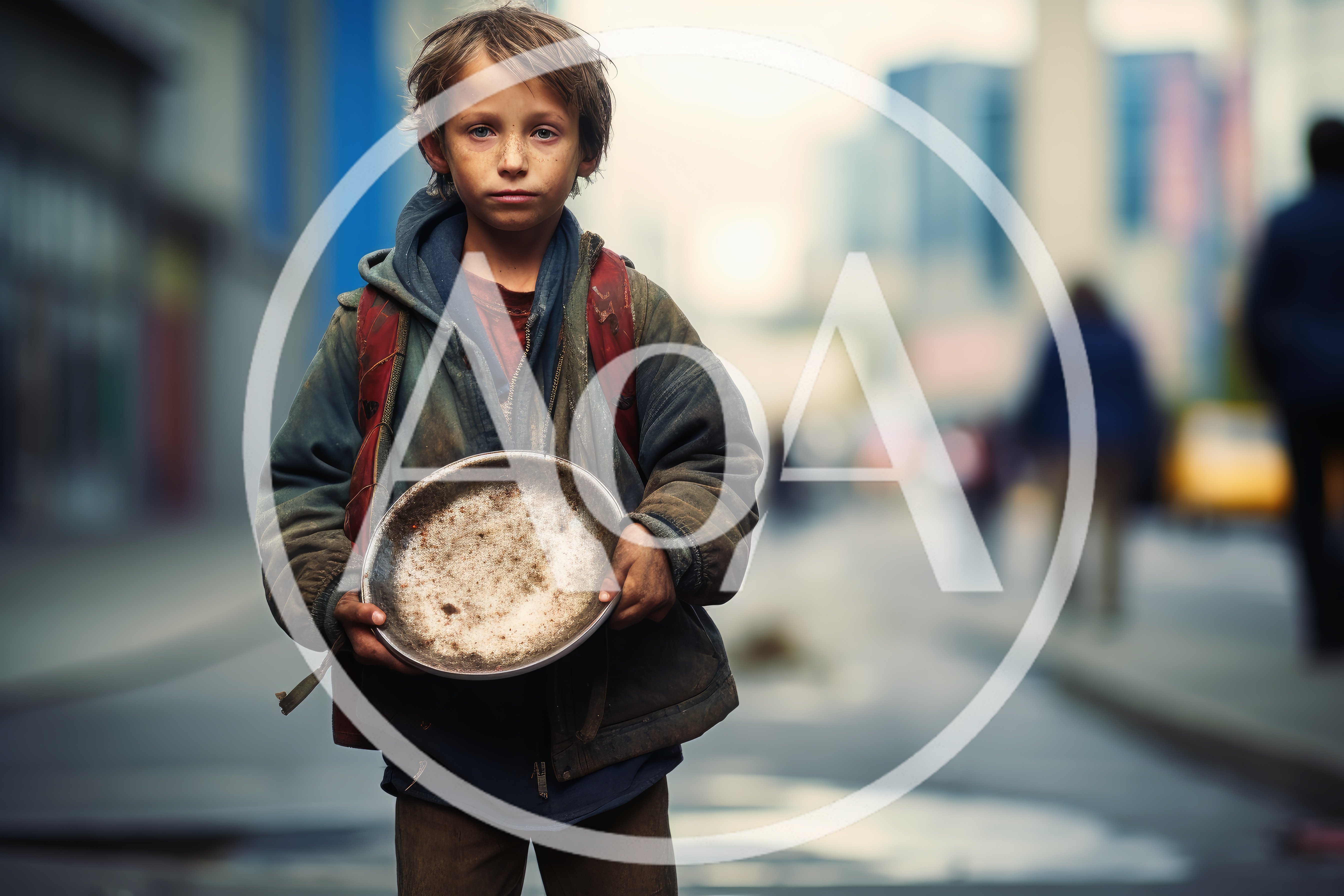Homeless Child Holding An Empty Metal Bowl