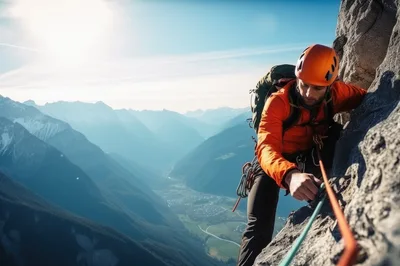 Rock Climber Ascending A Steep Mountain Face