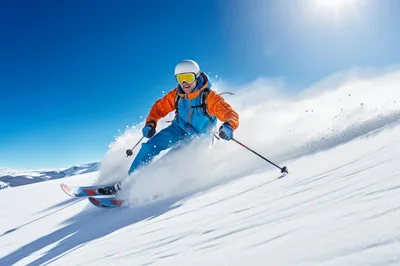 Skier Carving Through Fresh Powder On Sunny Mountain Slope