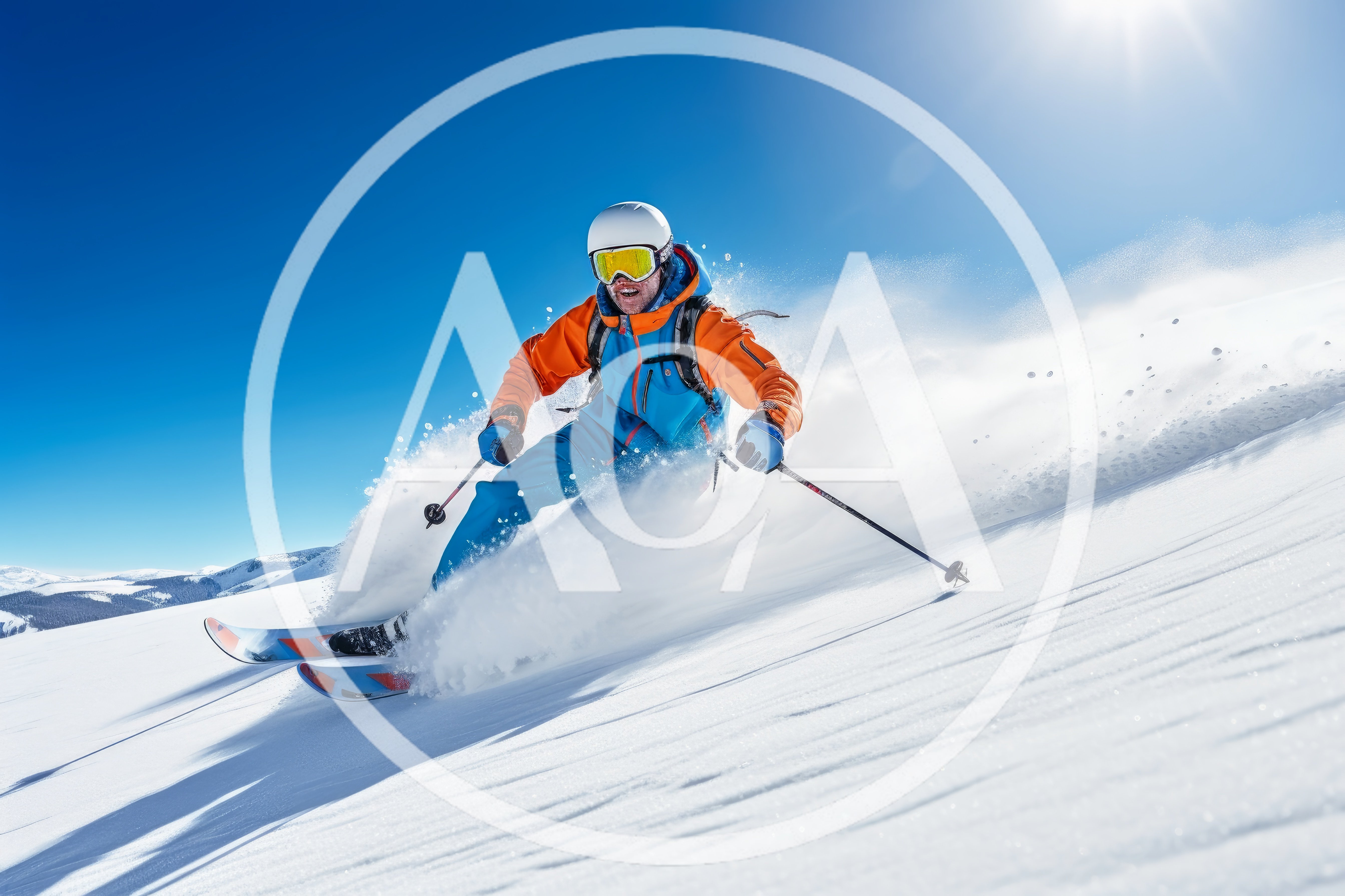 Skier Carving Through Fresh Powder On Sunny Mountain Slope