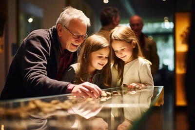 Grandfather And Granddaughters Exploring Museum Exhibit