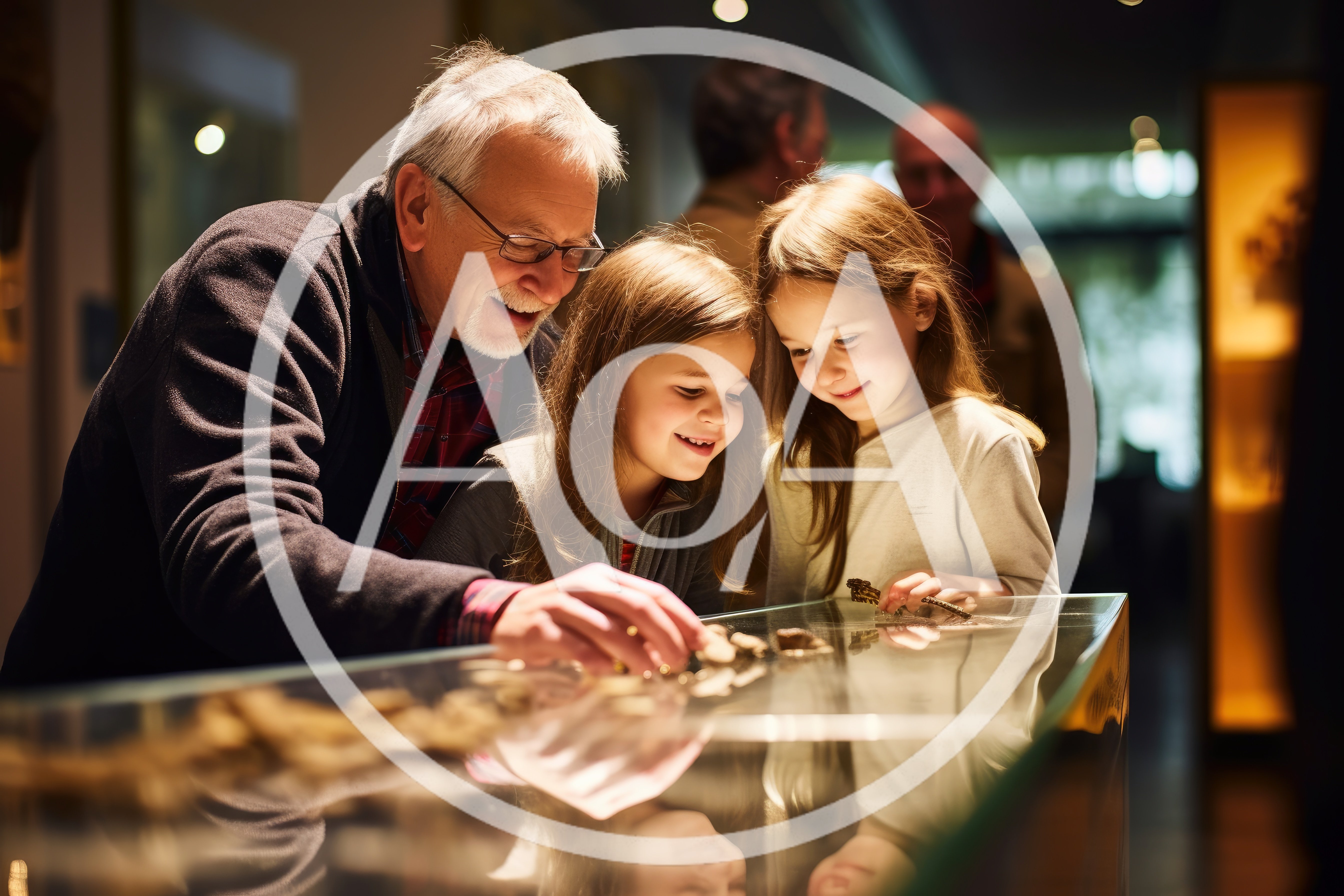 Grandfather And Granddaughters Exploring Museum Exhibit