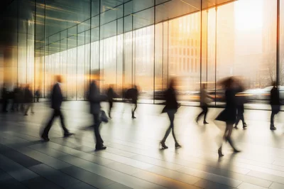 Blurred Commuters Walking Through Modern Glass Office Lobby