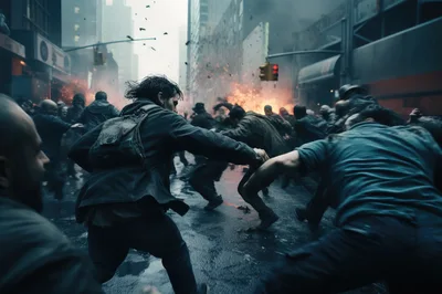 Chaotic Street Riot With People Fighting In City