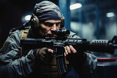 Tactical Soldier Aiming Rifle In Indoor Training Facility