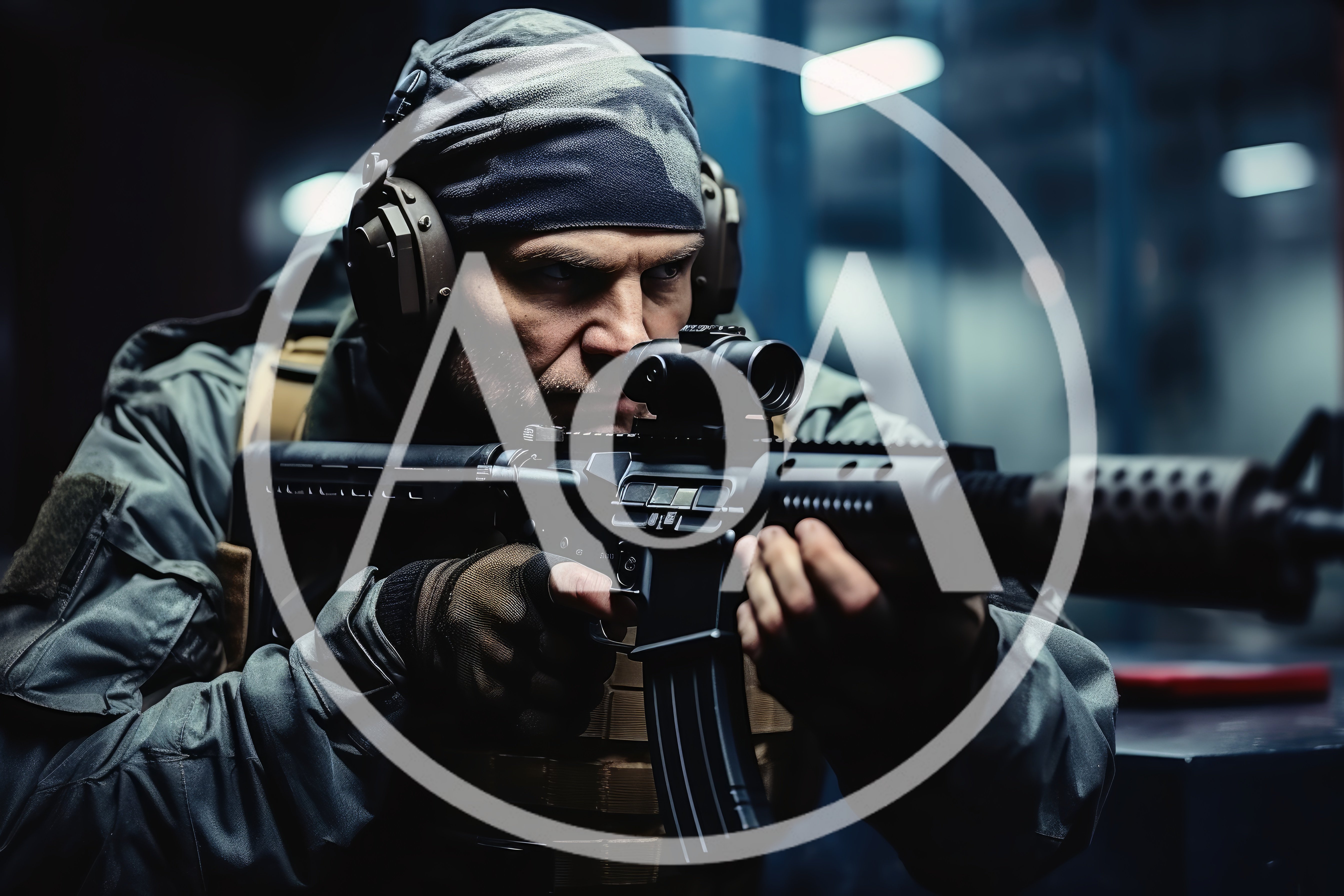 Tactical Soldier Aiming Rifle In Indoor Training Facility