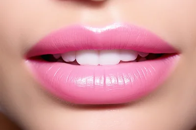 Close Up Of Woman With Pink Lipstick And White Teeth