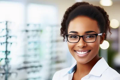 Smiling Female Optometrist Wearing Glasses In Optical Store