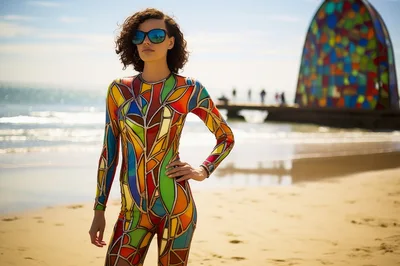 Woman In Stained Glass Pattern Bodysuit On Beach