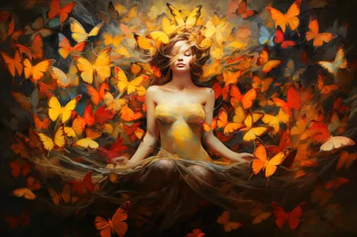 Surreal Portrait Of A Woman Surrounded By Orange Butterflies