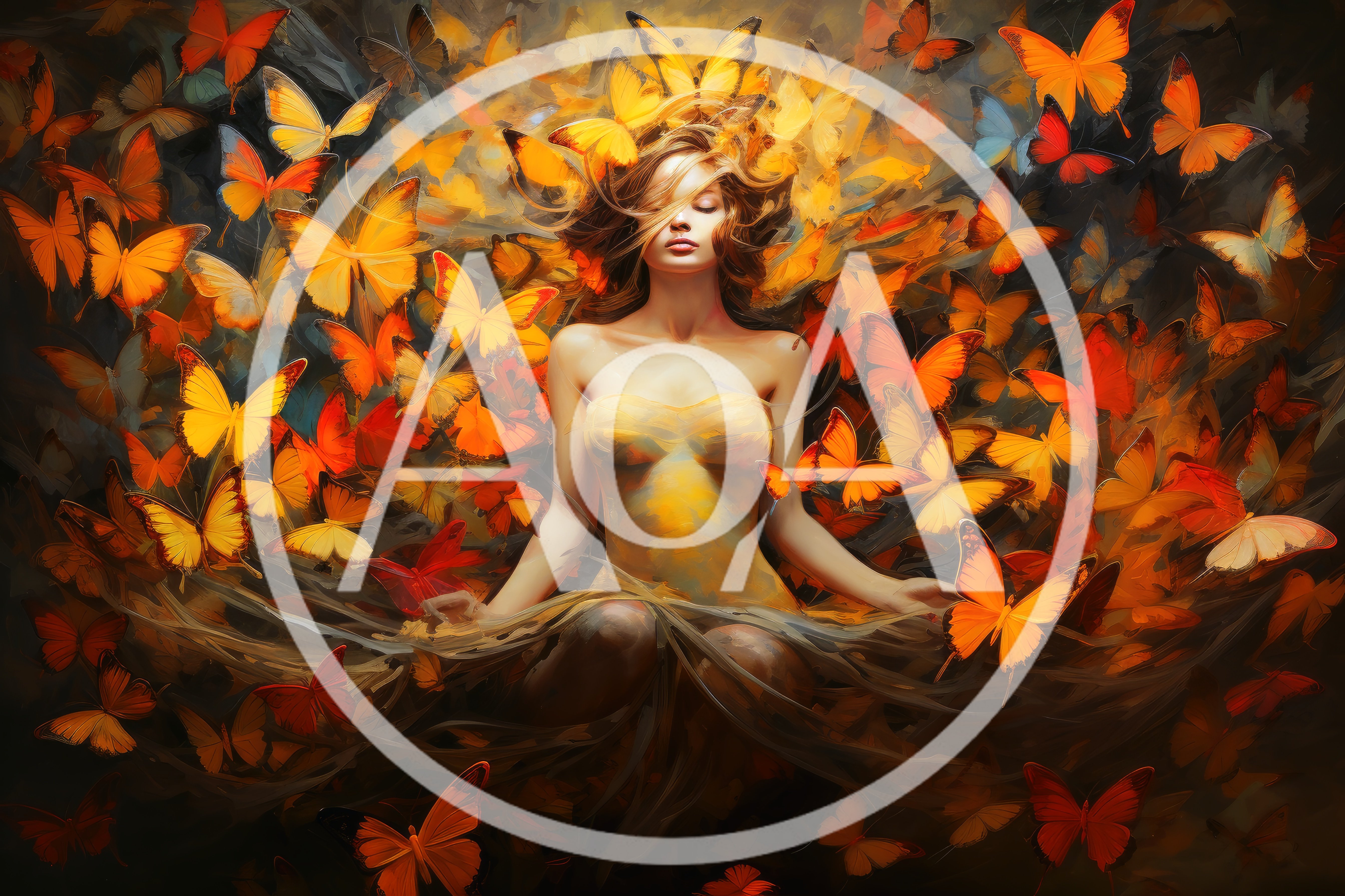 Surreal Portrait Of A Woman Surrounded By Orange Butterflies