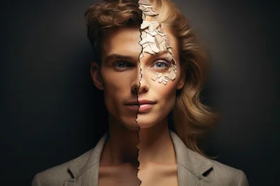 Split Face Portrait Of Man And Woman