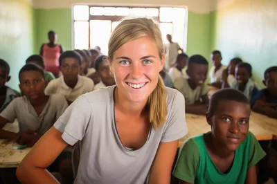 Young Caucasian Woman Teaching Students In African Classroom