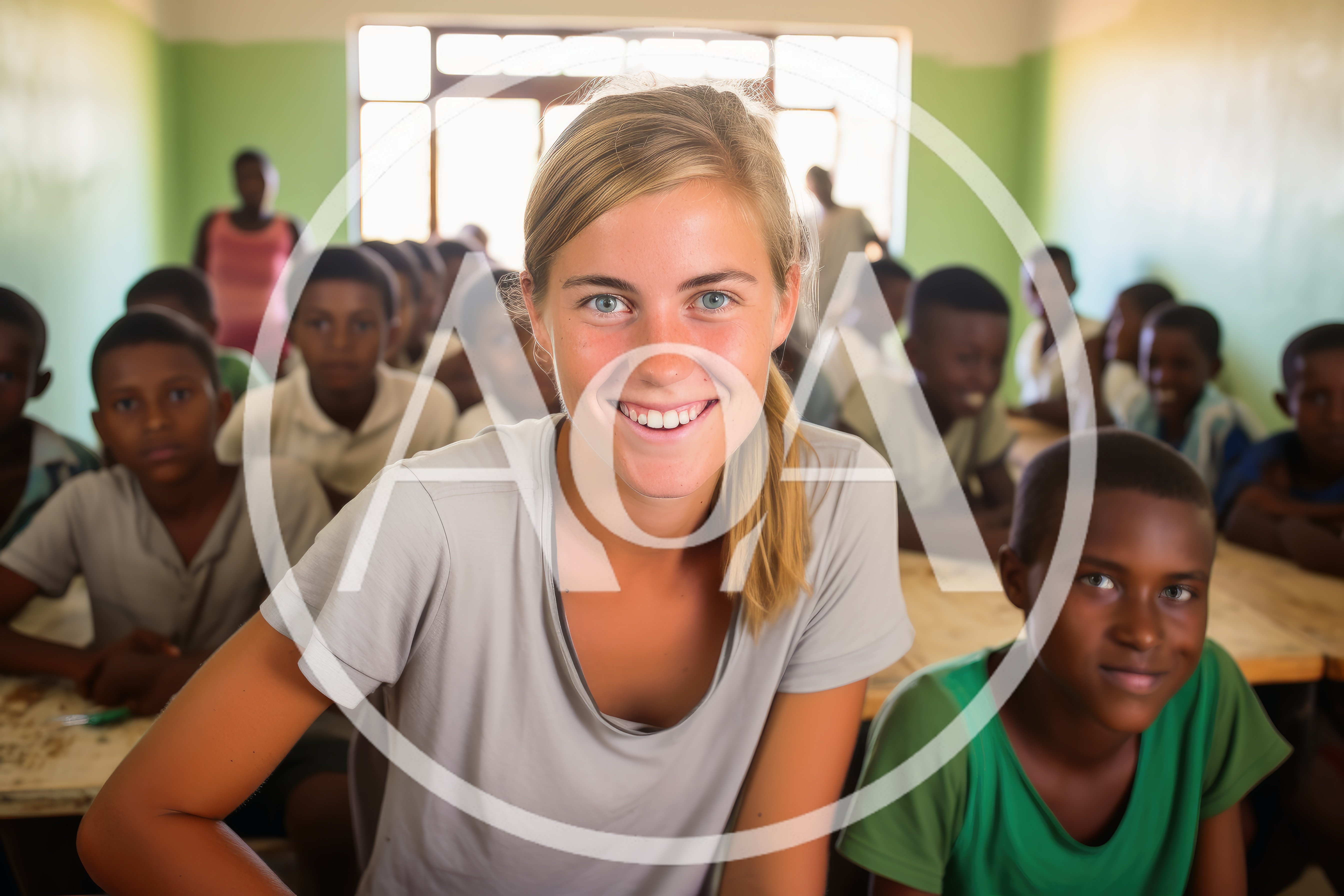 Young Caucasian Woman Teaching Students In African Classroom