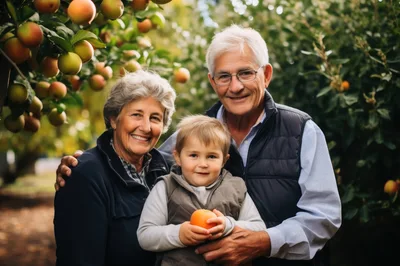 Grandparents and Grandchild Picking Apples in Orchard