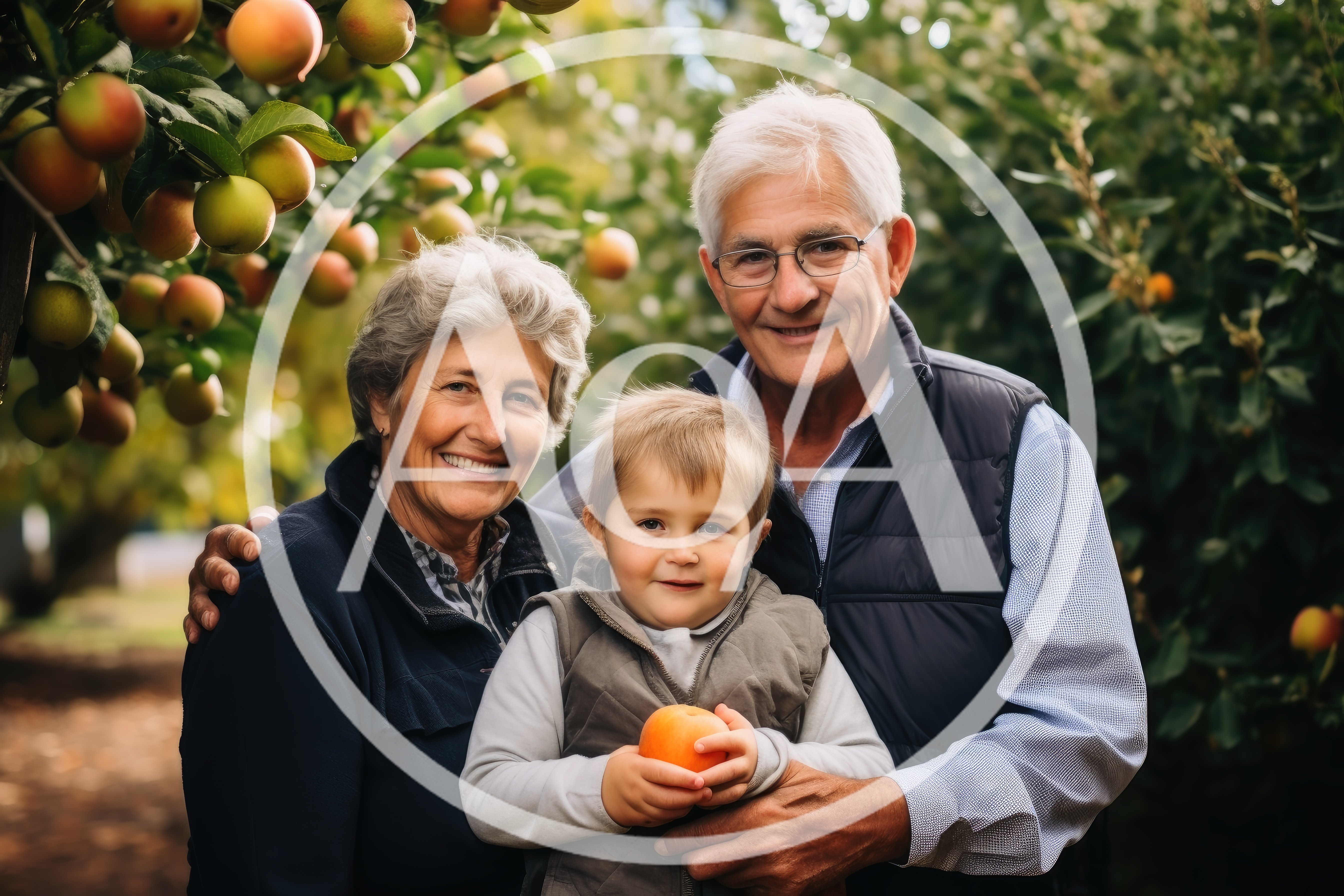 Grandparents and Grandchild Picking Apples in Orchard