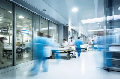 Medical Staff Moving Patients Through Busy Hospital Corridor