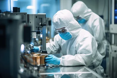 Technicians Working In A High Tech Semiconductor Cleanroom